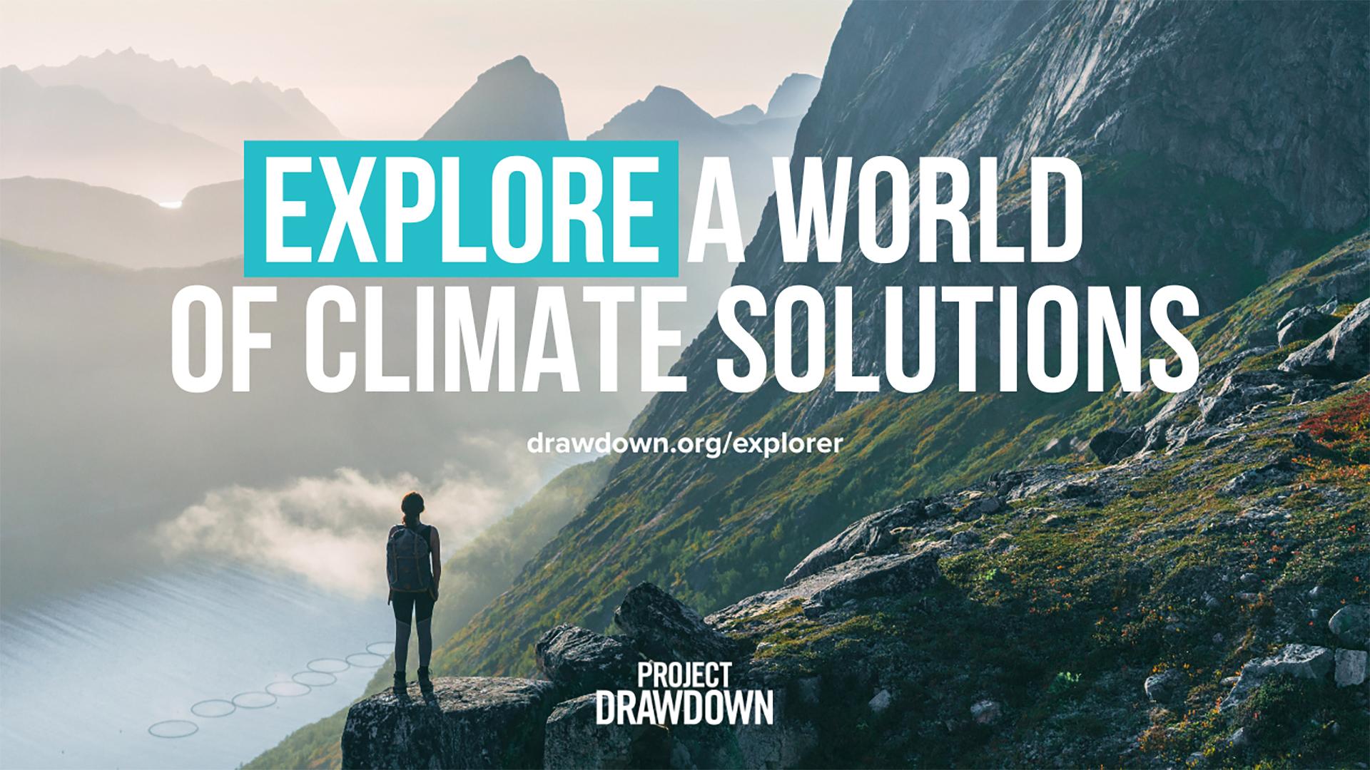 A graphic of a person on a mountain with the words 'Explore A World of Climate Solutions' overlaid
