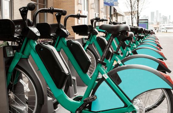 Rack of electric bicycles as part of a bike sharing service