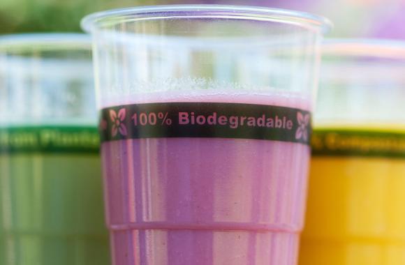 Colorful smoothies in plastic cups with label 100% biodegradable