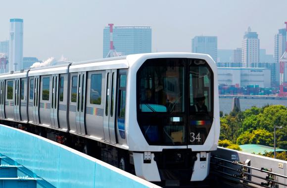 Train with city in the distance