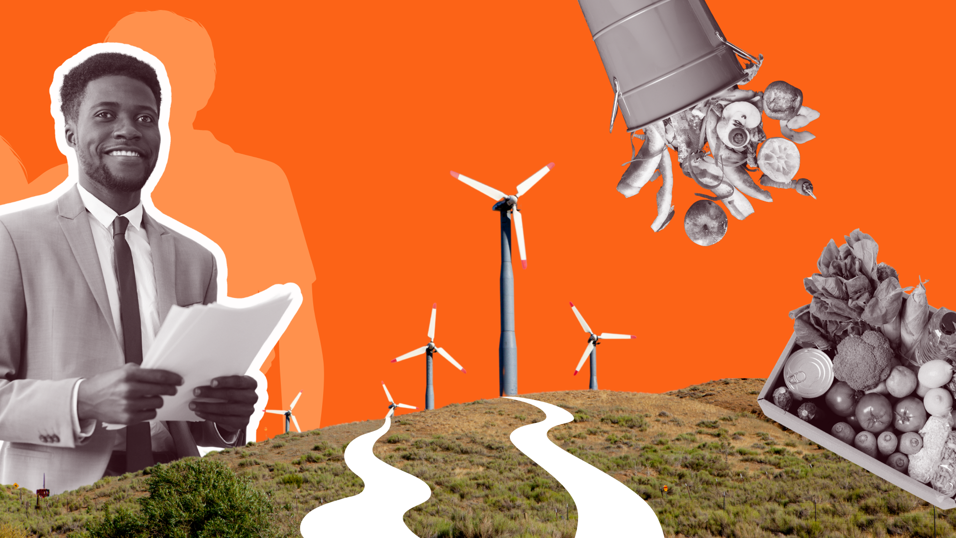 A graphic with a compilation of images including a man in a suit holding papers, windmills, a bucket of food scraps, and a plate of fruit