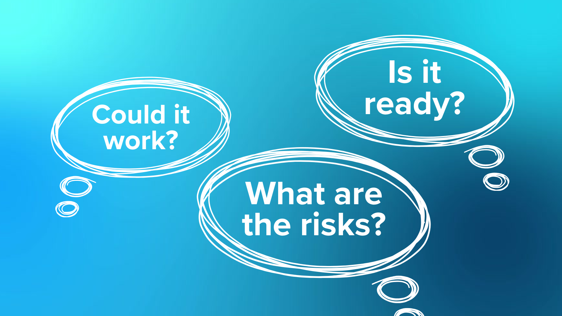 A graphic with a blue background and three thought bubbles that read "Could it work?", "What are the risks?", and "Is it ready?"